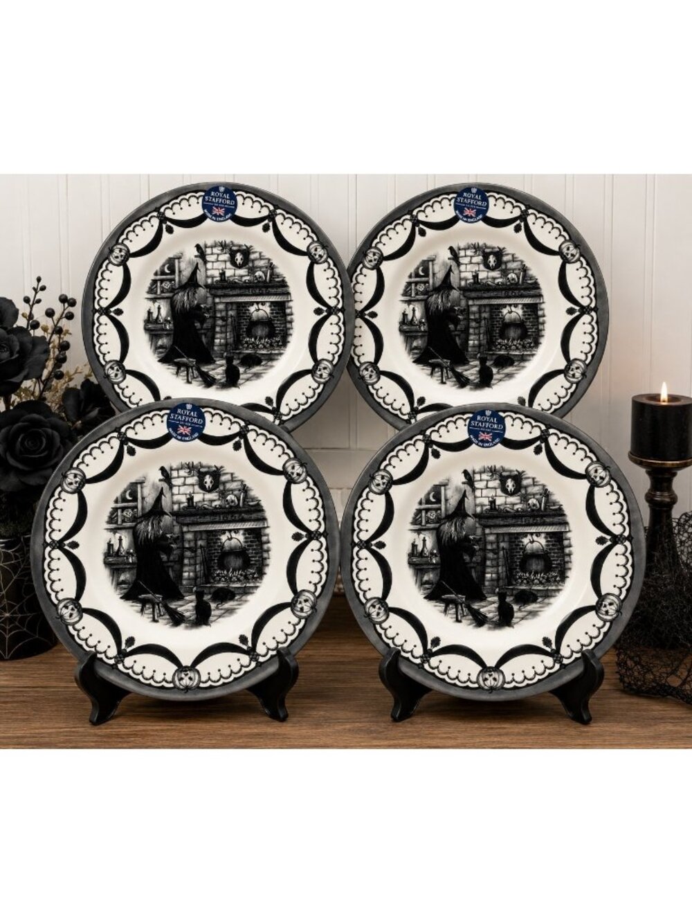 Royal Stafford Halloween Witch Dinner Plates Set of 4 Black Cat 11" England